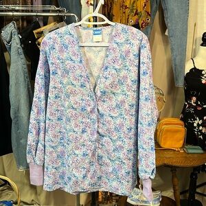 Vintage NWT Flower Long Sleeve Button Scrub Top Size Small Purple & Blue